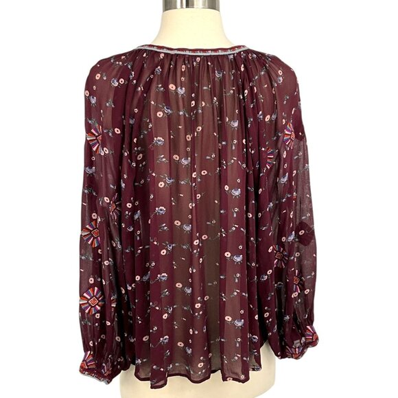 Ulla Johnson Lida Blouse Top Maroon Floral Silk Chiffon V-Neck Size 2 S Sheer - Picture 7 of 14
